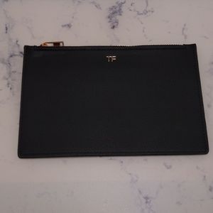 New Tom Ford Pebbled Faux Leather Black Flat Clutch Pouch Gold Trim Zipper